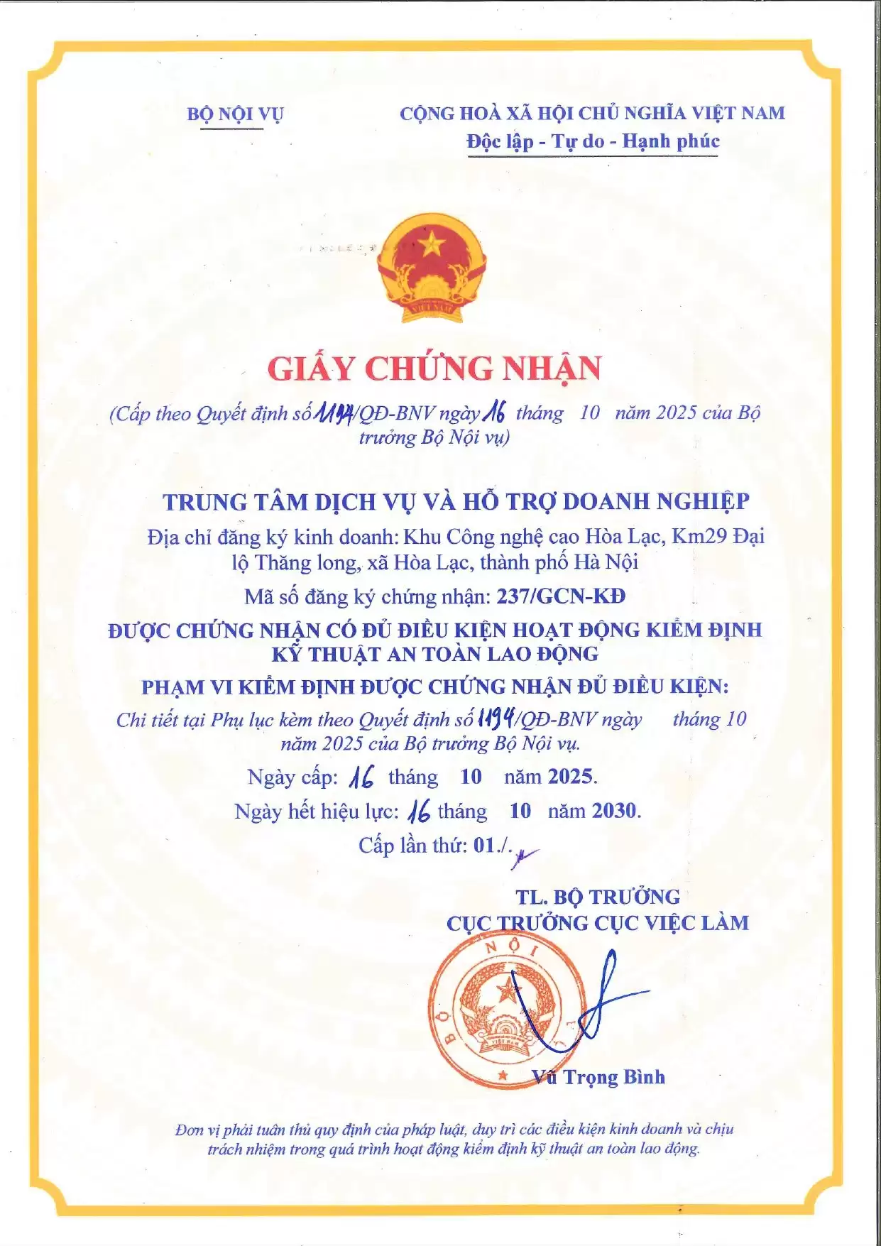 Cấp Giấy chứng nhận đủ điều kiện hoạt động kiểm định kỹ thuật an toàn lao động Cho Trung tâm Dịch vụ và Hỗ trợ doanh nghiệp (ESSC)